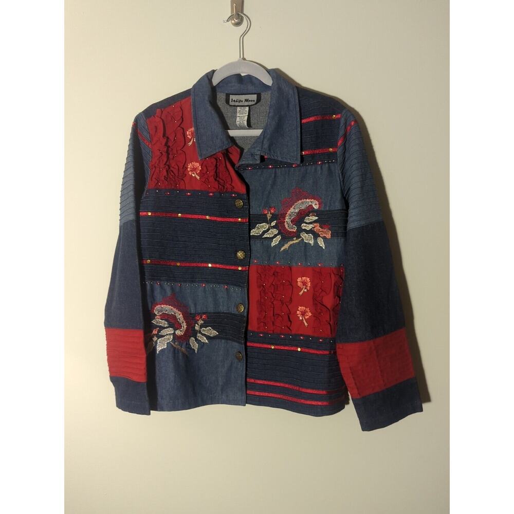 Indigo Moon Denim Button Front Jacket Embroidered Sequins Red Ruffles Beaded MED